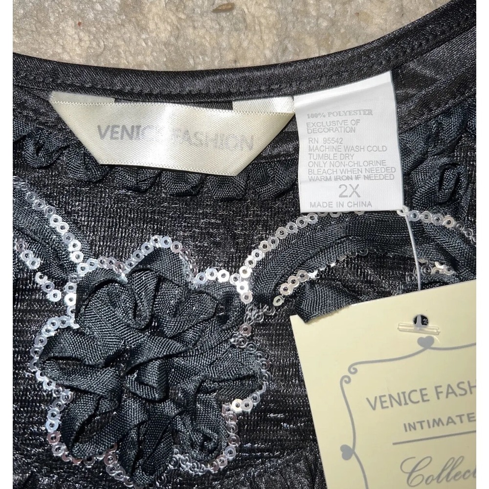 New Venice Fashion Womens' Silky Embroidered Nightgown Black Plus Sz 2X - Picture 3 of 6